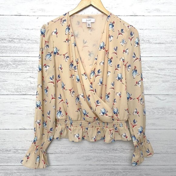 Scripted Women's Peach Blue floral print blouse Plunge Wrap Front Long Sleeves M - Picture 1 of 6